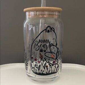 Mama Bear Glass Tumbler with Straw